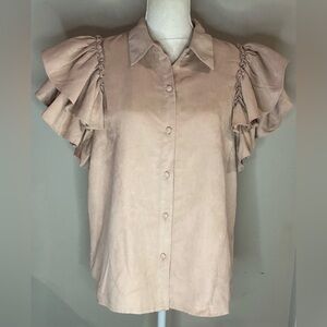 Marc New York Women's Faux Suede Ruffle Sleeve Button Up Blouse In Blush Sz M